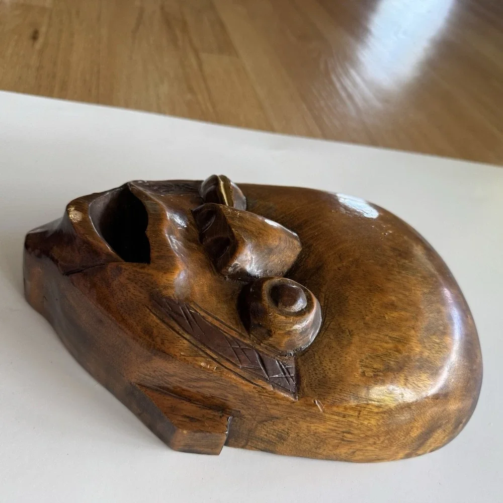 Hand Carved Wooden Mask African Brown 10.5x7.5x3